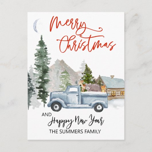 クリスマスウォーターカラー冬用ヴィンテージトラックウッドランド シーズンポストカード (正面)