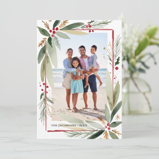 クリスマスウォーターカラー植物写真コラージュ シーズンカード (スタンド正面)