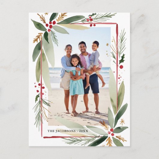 クリスマスウォーターカラー植物写真コラージュ シーズンポストカード (正面)