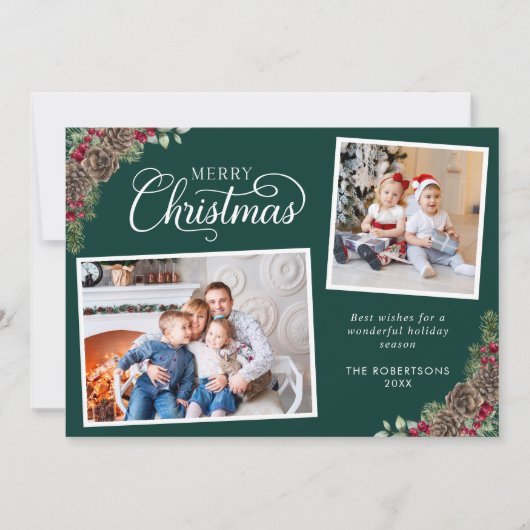 クリスマスウォーターカラー植物学2フォトダークグリーン シーズンカード (正面)