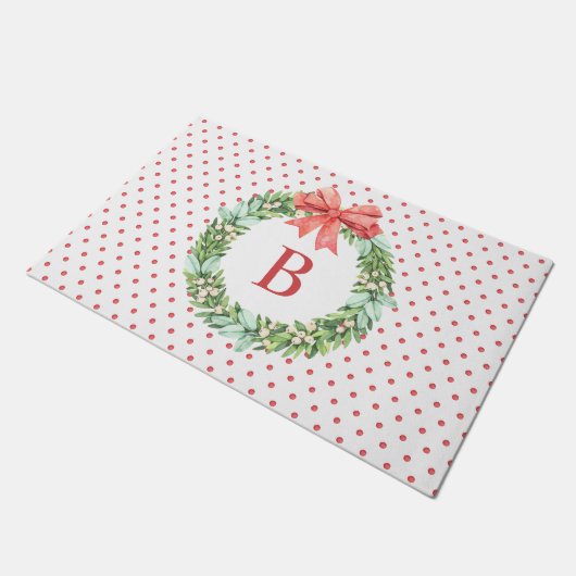 クリスマスウォーターカラー水玉模様リースモノグラム ドアマット (アングル)
