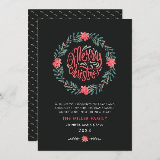 クリスマスウォーターカラー緑のフローラリーススクリプト シーズンカード (正面/裏面)