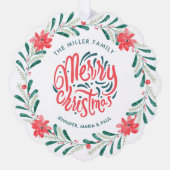 クリスマスウォーターカラー緑のフローラリース写真 オーナメントカード (正面)
