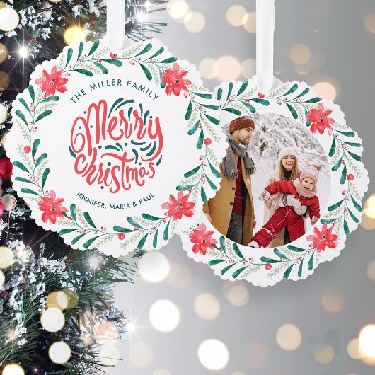 クリスマスウォーターカラー緑のフローラリース写真 オーナメントカード