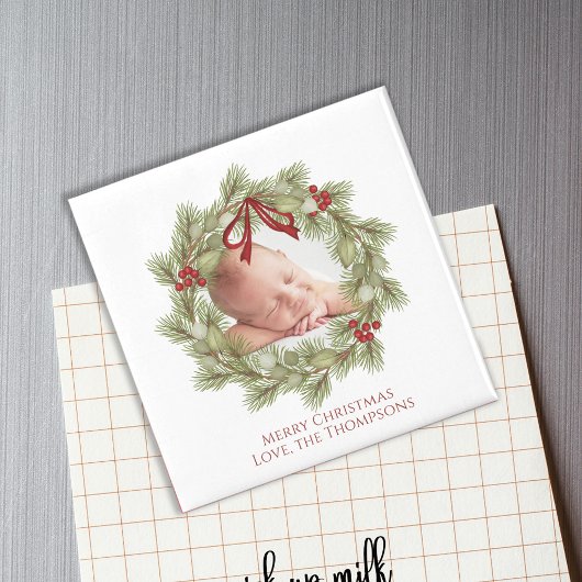 クリスマスウォーターカラー緑のリースの葉 マグネット