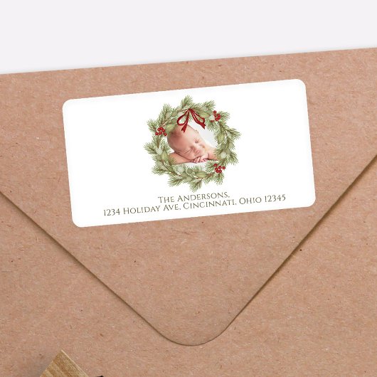 クリスマスウォーターカラー緑のリースの葉 ラベル