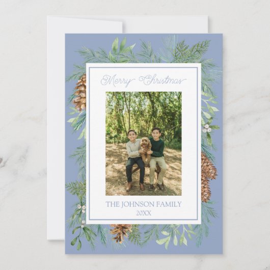 クリスマスウォーターカラー緑の植物性ほこりっぽいブルー シーズンカード (正面)
