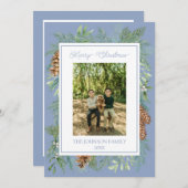 クリスマスウォーターカラー緑の植物性ほこりっぽいブルー シーズンカード (正面/裏面)