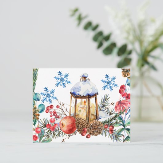 クリスマスウォーターカラー自然フォレストコラージュ ポストカード (スタンド正面)