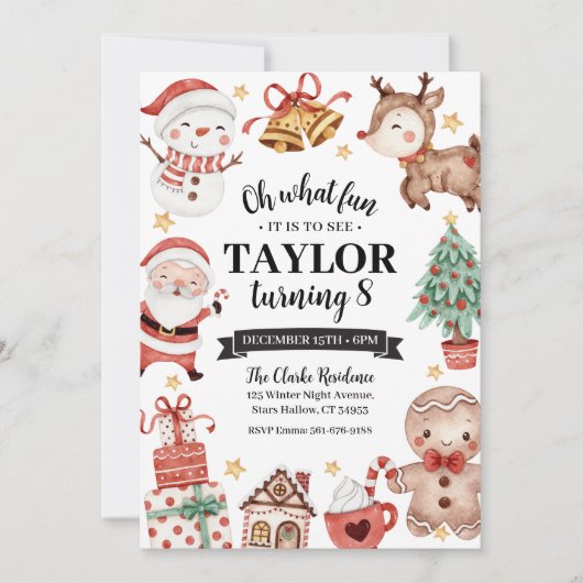 クリスマスウォーターカラー誕生日パーティーの招待状 招待状 (正面)