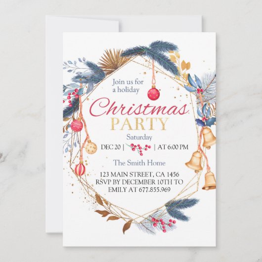 クリスマスウォーターカラー誕生日パーティーの招待状 招待状 (正面)