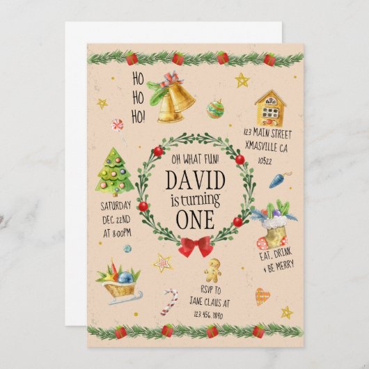 クリスマスウォーターカラー誕生日招待状 招待状 (正面/裏面)