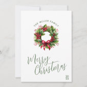 クリスマスウォーターカラー赤と緑のリース シーズンカード (正面)