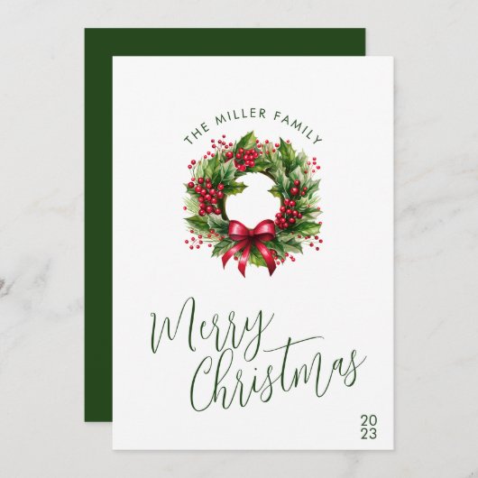 クリスマスウォーターカラー赤と緑のリース シーズンカード (正面/裏面)