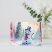 クリスマスウォーターカラー雪だるまと冬の森 シーズンポストカード (スタンド正面)