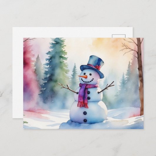 クリスマスウォーターカラー雪だるまと冬の森 シーズンポストカード (正面/裏面)