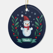クリスマスウォーターカラー雪だるまカスタムネイビーブルー セラミックオーナメント (左)