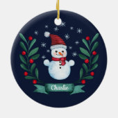 クリスマスウォーターカラー雪だるまカスタムネイビーブルー セラミックオーナメント (裏面)