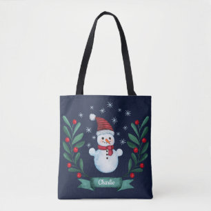 クリスマスウォーターカラー雪だるまカスタムネイビーブルー トートバッグ
