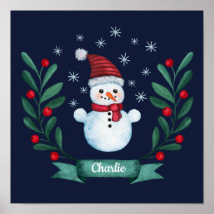 クリスマスウォーターカラー雪だるまカスタムネイビーブルー ポスター