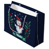 クリスマスウォーターカラー雪だるまカスタムネイビーブルー ラージペーパーバッグ (正面アングル)