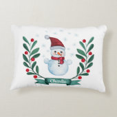 クリスマスウォーターカラー雪だるまカスタム アクセントクッション (裏面)