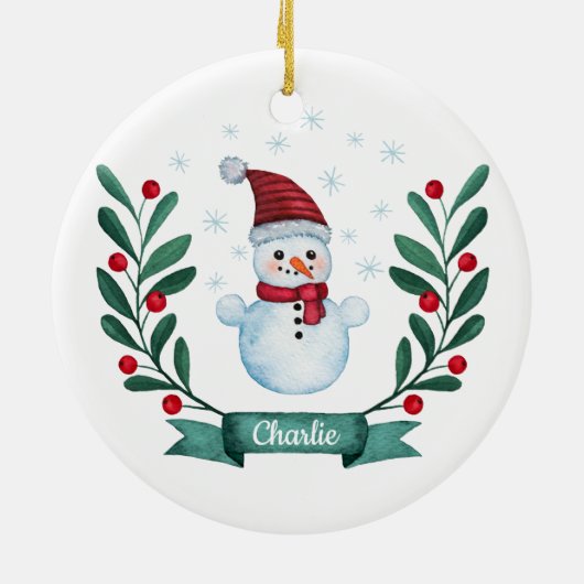 クリスマスウォーターカラー雪だるまカスタム セラミックオーナメント (裏面)