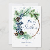 クリスマスウォーターカラー雪の松のリース シーズンカード (正面)
