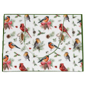 クリスマスウォーターカラー（鳥）ショウジョウコウカンチョウロビンピネコーン ラージペーパーバッグ (正面)