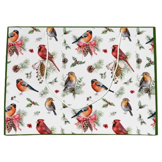 クリスマスウォーターカラー（鳥）ショウジョウコウカンチョウロビンピネコーン ラージペーパーバッグ (正面)