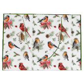 クリスマスウォーターカラー（鳥）ショウジョウコウカンチョウロビンピネコーン ラージペーパーバッグ (裏面)