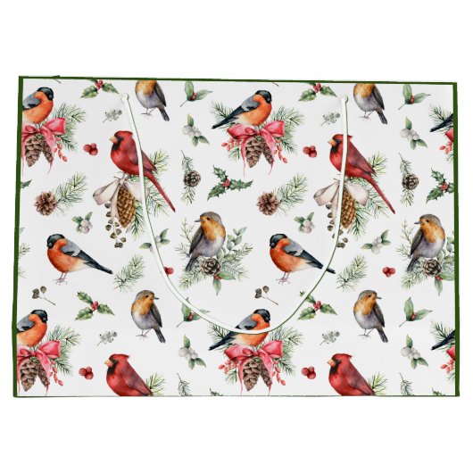 クリスマスウォーターカラー（鳥）ショウジョウコウカンチョウロビンピネコーン ラージペーパーバッグ (裏面)