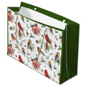 クリスマスウォーターカラー（鳥）ショウジョウコウカンチョウロビンピネコーン ラージペーパーバッグ (正面アングル)