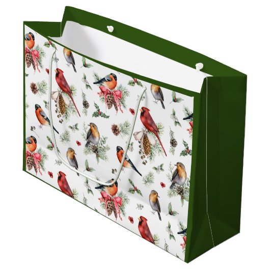 クリスマスウォーターカラー（鳥）ショウジョウコウカンチョウロビンピネコーン ラージペーパーバッグ (正面アングル)