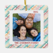 クリスマスウォーターストライプカラー家族の写真 セラミックオーナメント (正面)