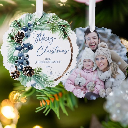 クリスマスウォーター色の雪の松のリース写真 オーナメントカード
