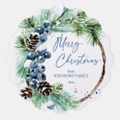 クリスマスウォーター色の雪の松のリース写真 オーナメントカード (正面)