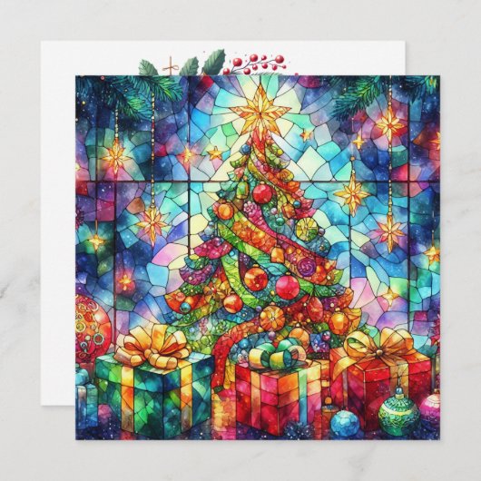 クリスマスウォーター色ステンドグラスグリーティングカード シーズンカード (正面/裏面)