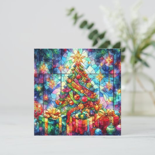 クリスマスウォーター色ステンドグラスグリーティングカード シーズンカード (スタンド正面)