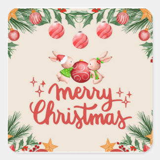 クリスマスウサギのステッカー スクエアシール