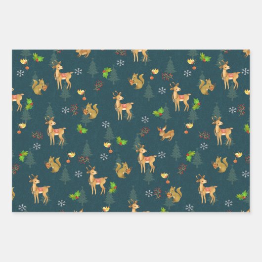 クリスマスウッドランズラッピング紙フラットネイビー ラッピングペーパーシート (正面)