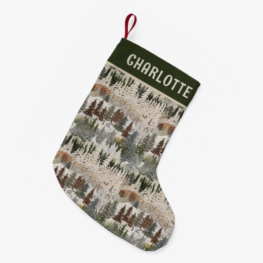クリスマスウッドランドの刺繍パーソナライズされた名 スモールクリスマスストッキング (正面 (吊り時))