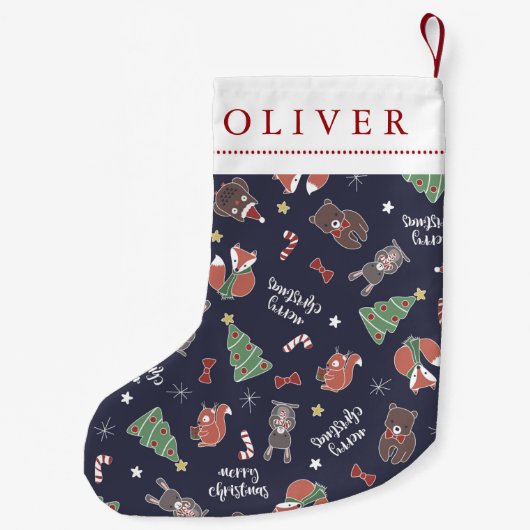 クリスマスウッドランドアニマルズ名前をカスタムする スモールクリスマスストッキング (裏面)