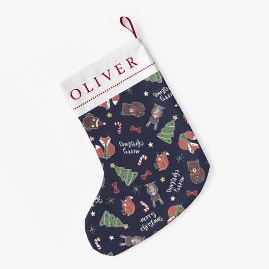 クリスマスウッドランドアニマルズ名前をカスタムする スモールクリスマスストッキング (裏面 (吊り時))