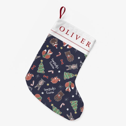 クリスマスウッドランドアニマルズ名前をカスタムする スモールクリスマスストッキング (正面 (吊り時))