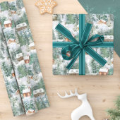 クリスマスウッドランドキャビンウォーターカラー ラッピングペーパー