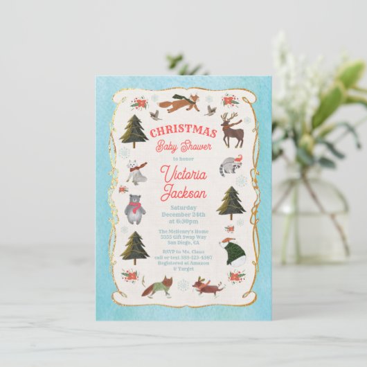 クリスマスウッドランド動物の赤ちゃんシャワー 招待状 (スタンド正面)