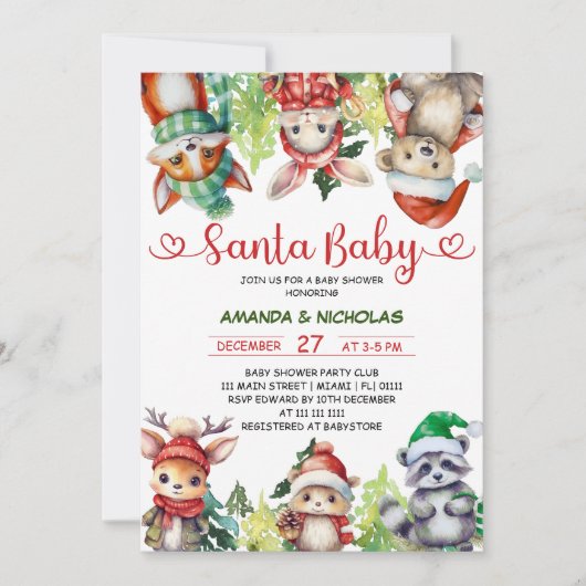 クリスマスウッドランド動物サンタ赤ちゃんシャワー 招待状 (正面)
