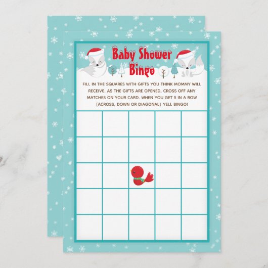 クリスマスウッドランド北極キツネベビーシャワービンゴ 招待状 (正面/裏面)
