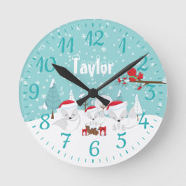 クリスマスウッドランド北極キツネ ラウンド壁時計